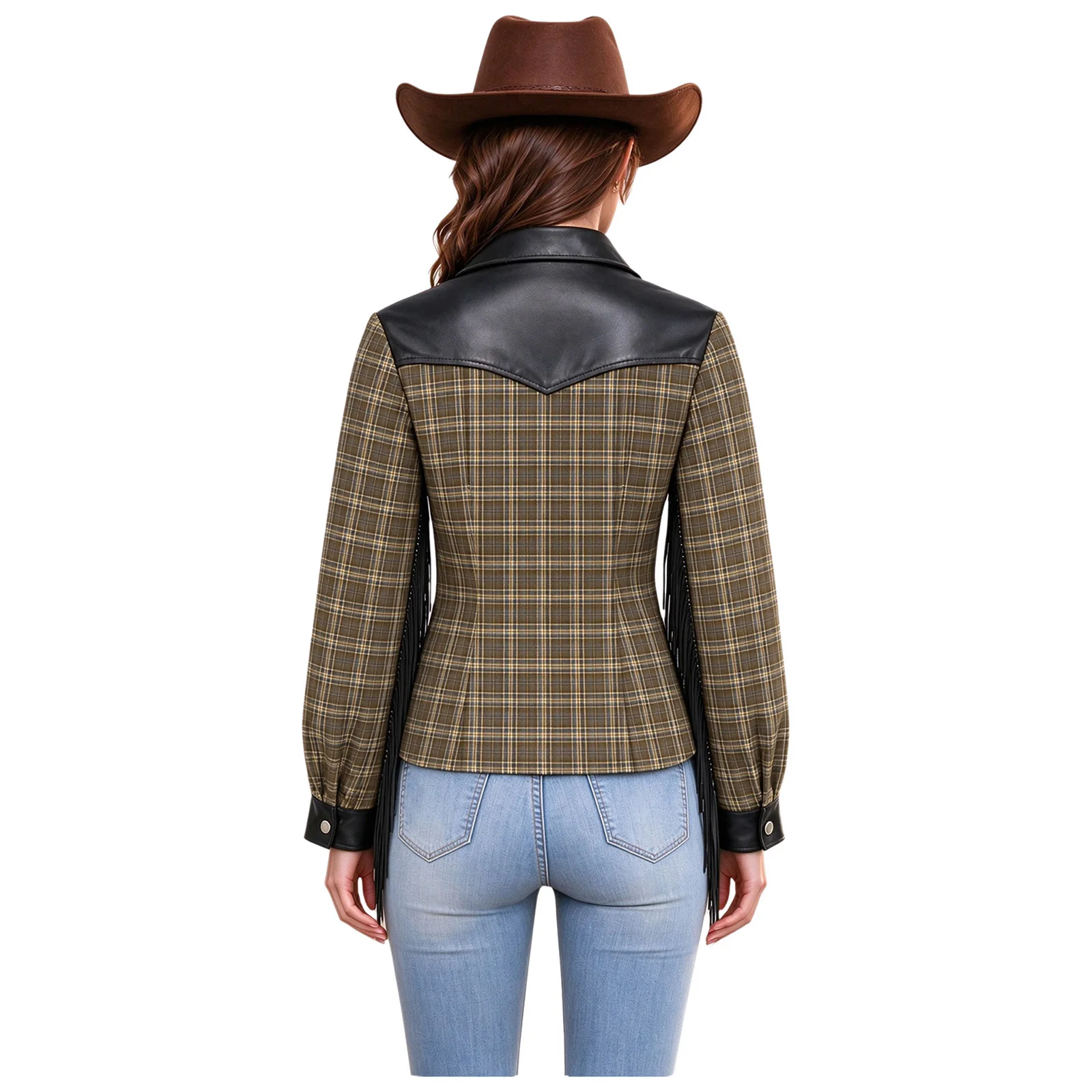 Women Party Fringed Plaid Western Cowgirl Shirts Long Sleeve Faux Leather Patchwork Buttoned Shirts Top for Club Country Concert