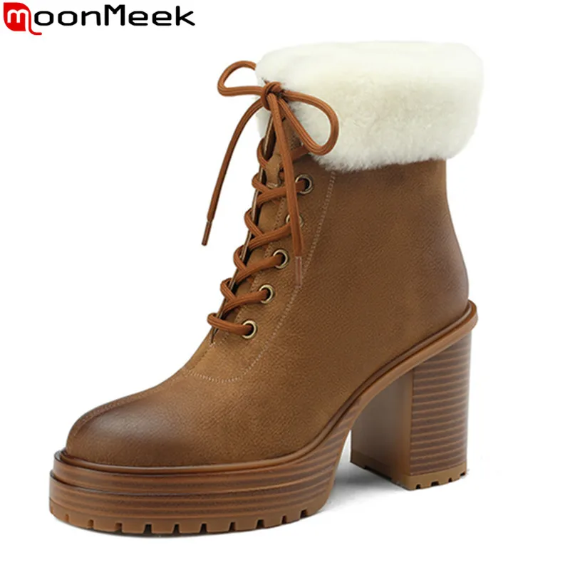 

MoonMeek 2023 New Narrow Band Ladies Platform Winter Boots Genuine Leather Ankle Boots Fashion Thick Plush Snow Boots