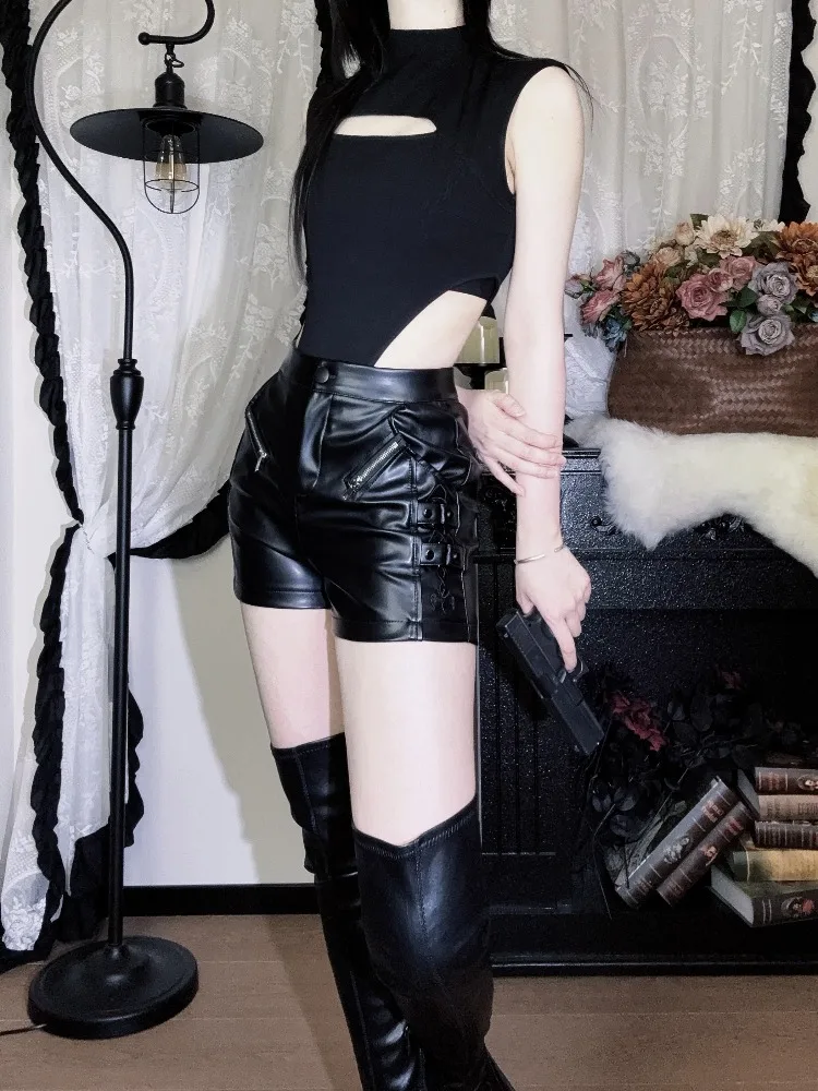 2025 Summer New Lolita Dark Punk Gothic Style Grey Black Long Sleeve Top High Waist Shorts Irregular Tight Tank Top Set