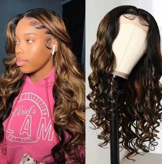 

Lace front wig, human hair without glue, brown mixed with blonde hair highlights, loose wave long wig, deep wave lace front wig,