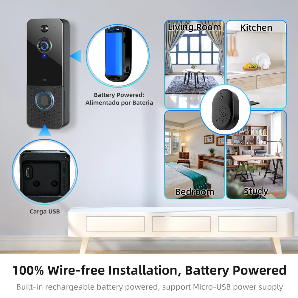 Câmera de campainha de porta com vídeo intercomunicador WiFi Câmera de campainha de porta de segurança doméstica inteligente sem fio para ambientes