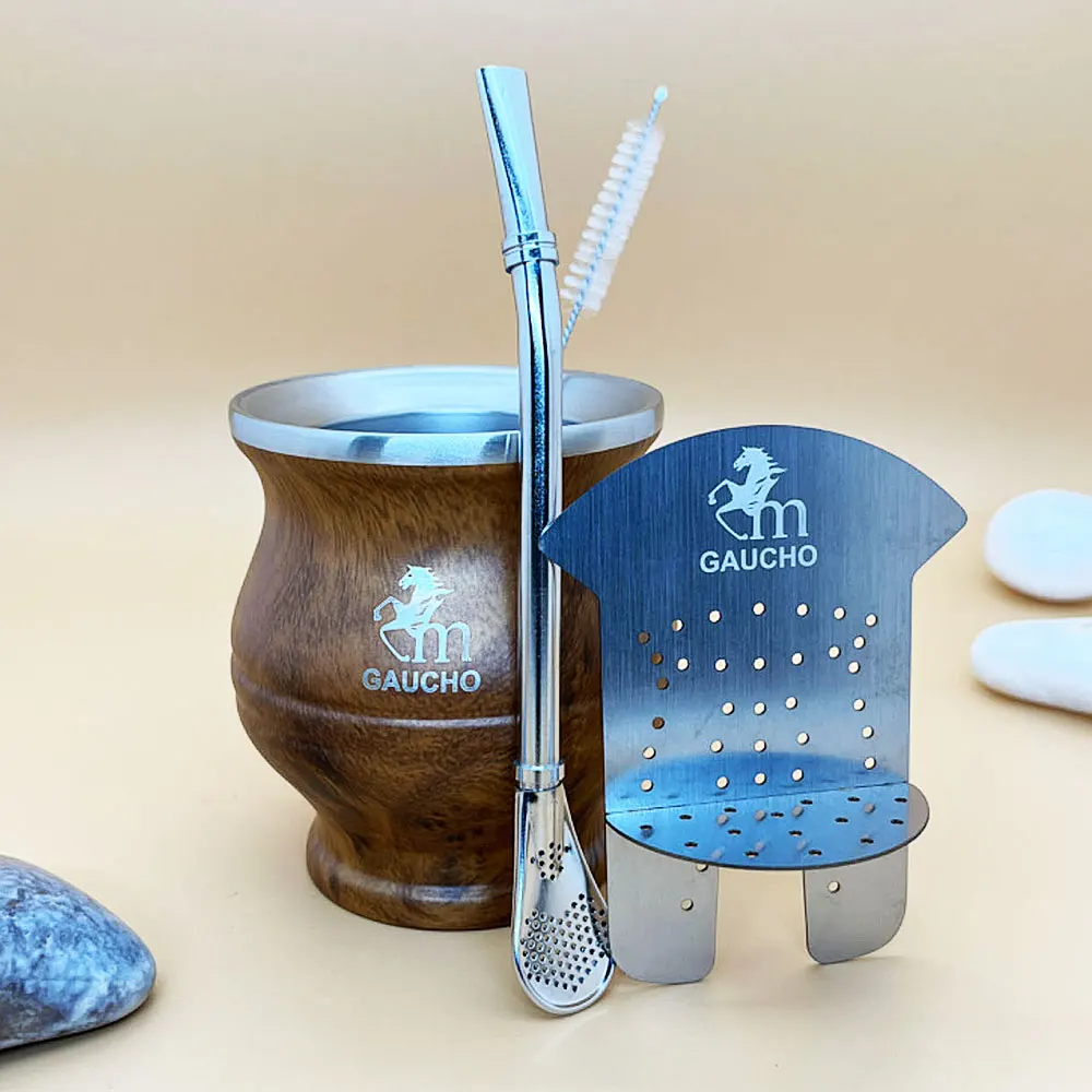 Gaucho Yerba Mate Satz Teerückstand‑Entferner Doppelwandiger Edelstahlbecher Bombilla Filterscheibe Reinigungsbürste Einfach Zu Reinigen – Detail 1