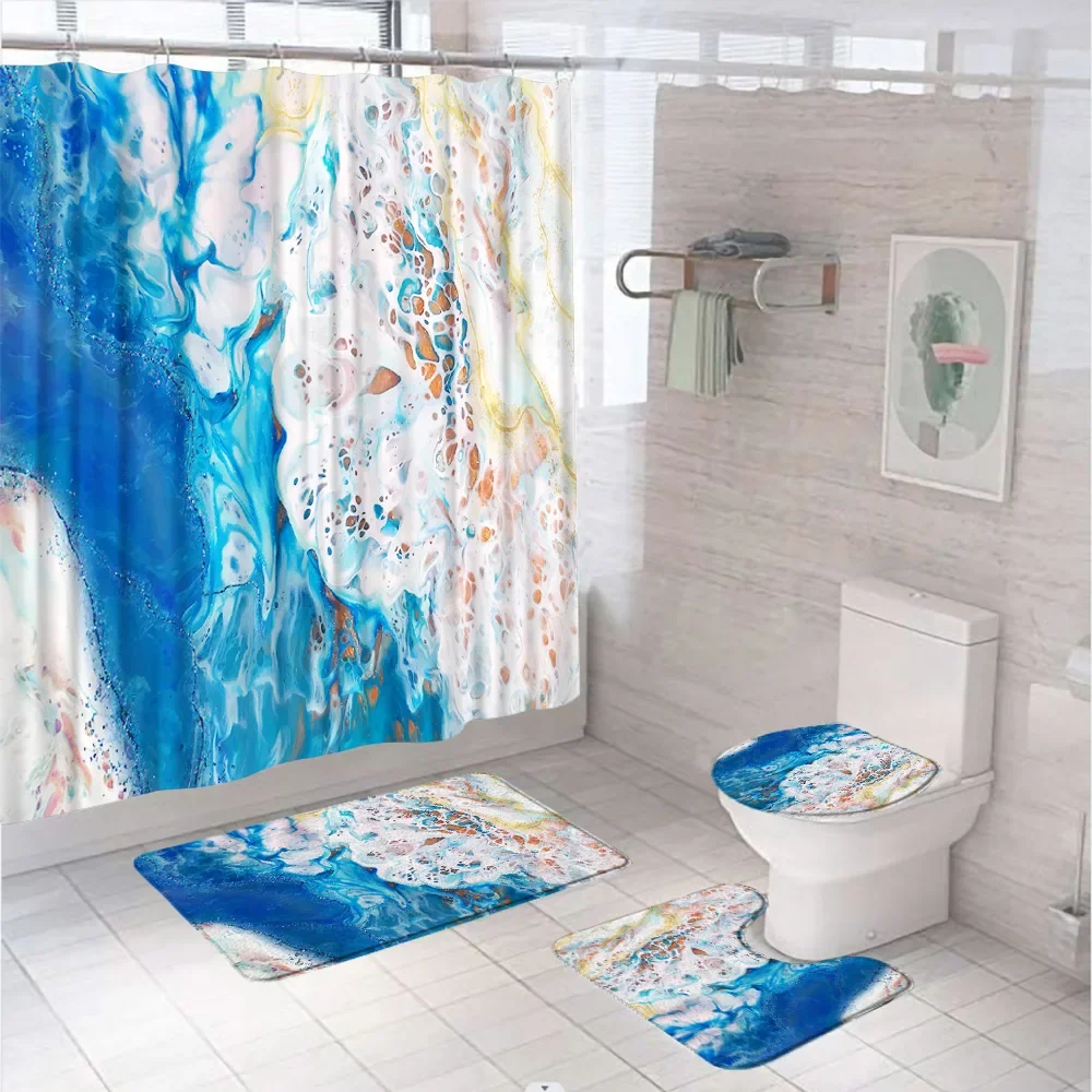 Blue Marbling Textile Bathroom Curtain Set With Hook Abstract Art Geometry Shower Curtain Bath Mat Toilet Lip Cover U Shape Rug