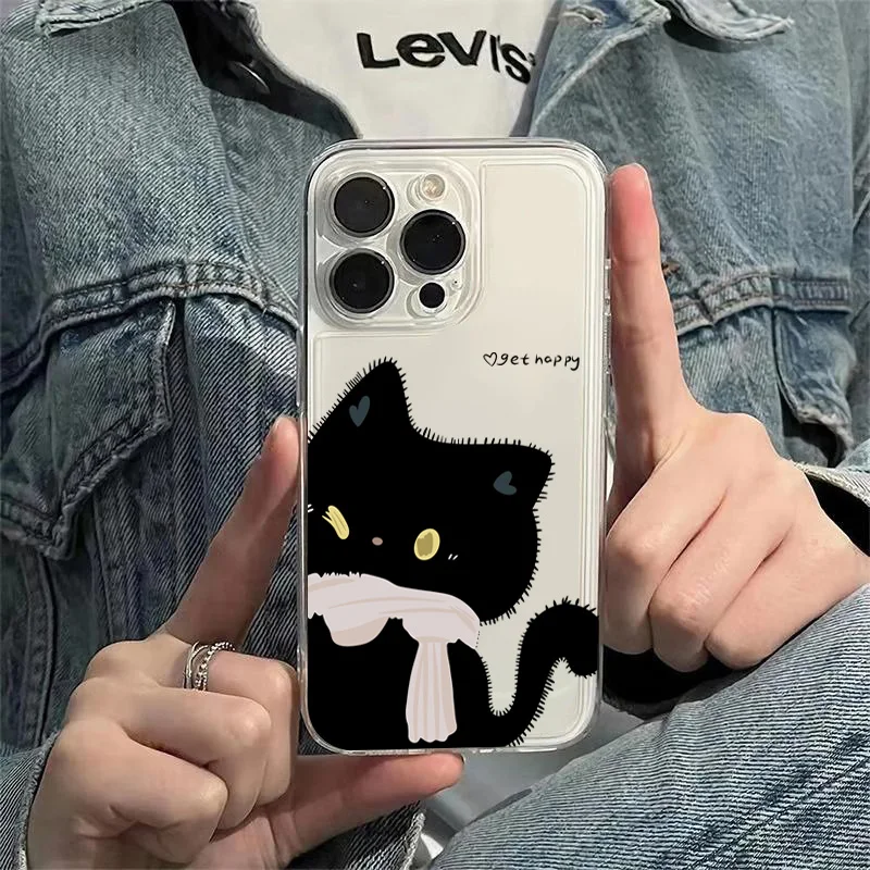 Cartoon Black White Cat Couple Phone Case For Samsung Galaxy A17 A16 A15 A35 A55 A37 A57 S25 S26 Ultra S23 S22 Plus S24FE Cover