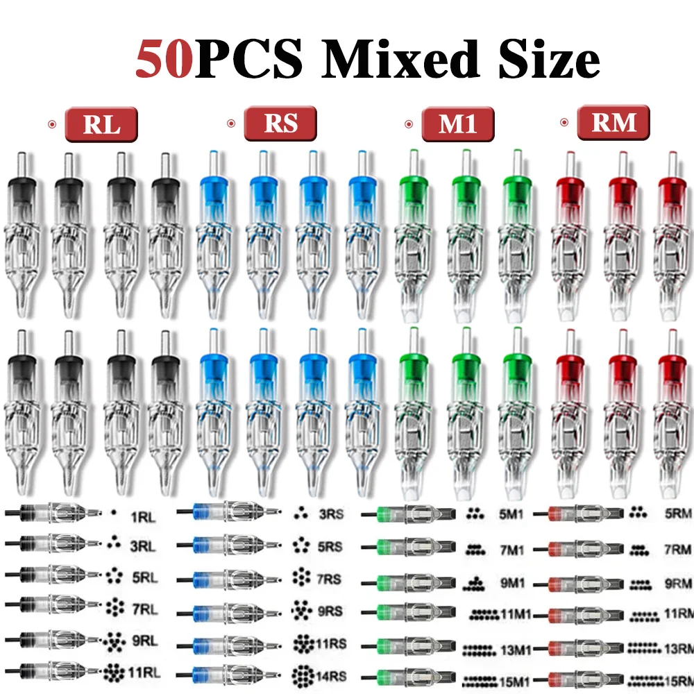 

50PCS Смешанная RL RS M1 RM татуировочная игла для безопасного постоянного макияжа татуировочной машины