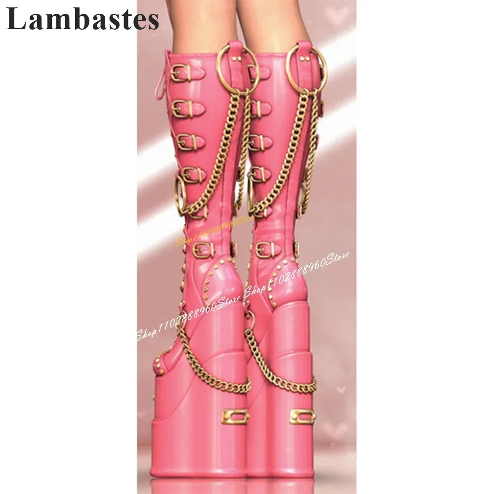 

Punk Style Knee High Cross Tied Chain Platform Boots Wedges Heel Shoes For Women Round Toe 2024 Fashionable Zapatillas Mujer