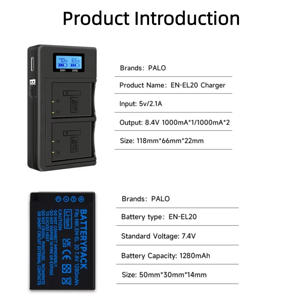 PALO EN-EL20 EN-EL20a EN EL20 Battery + LCD Smart Fast Charger For Nikon Coolpix P1000 P950 J1 J2 J3 AW1 DL24-500 Cinema Camera