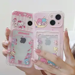 Cartoon Hello Kitty Little Twin Stars Photo Card Holder Wallet Case For iPhone 14 13 Pro Max 12 11 XR XS X 7 8 Plus Pink Cover