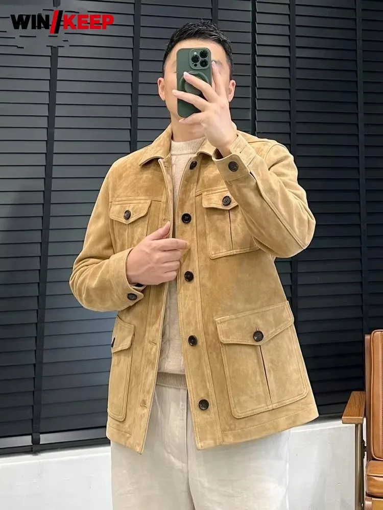 

Mens Luxury Genuine Leather Multi Pocket Jacket Single Breasted Retro Sheepskin Suede Jackets Fashion Solid Color Lapel Coat
