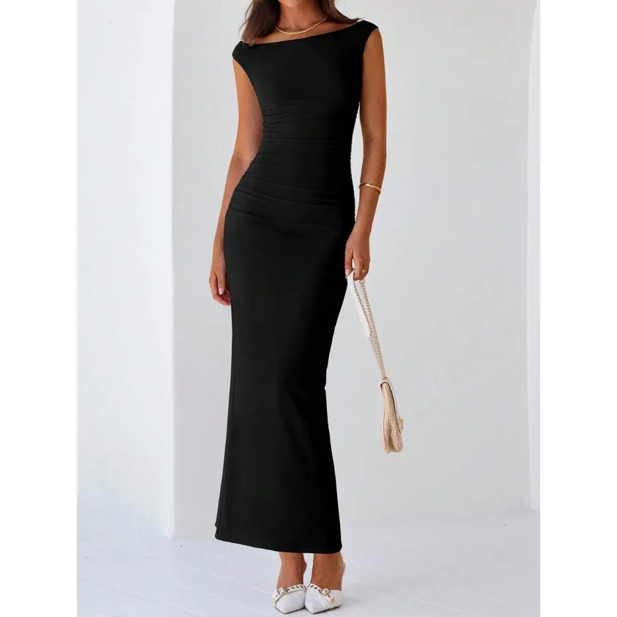 

【New style】Women Elegant One Shoulder Mesh Maxi Dress Maxi Dress Summer Sleeveless Ruched Slit Back Bodycon Dress Formal Cockta