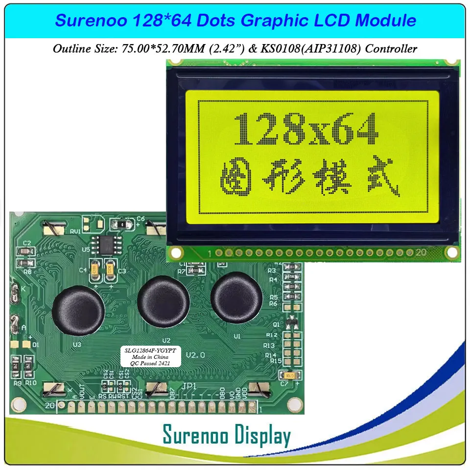 Surenoo 2.42" 75.0X52.7MM 12864 128*64 Graphic Matrix LCD Module Display Screen LCM build-in KS0108 Controller 4 Colors