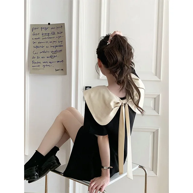 Black Hepburn Style A-Line Dress Slimming Puff Collar Short Sleeve High Waist Polyester Fabric Fresh Sweet Fresh Style Casual