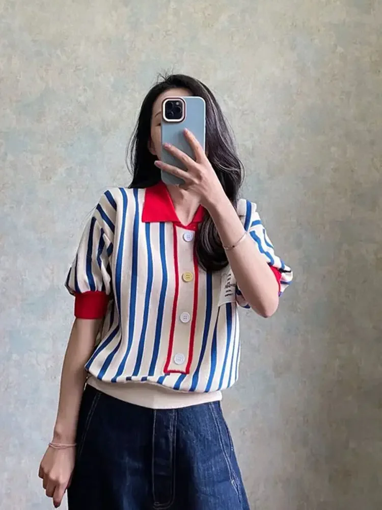 Women's Polo Shirts Striped Cute Female Tee Button Kawaii Offer Free T-shirts Shipping Luxury Youth in Trend 2024 Clothing On