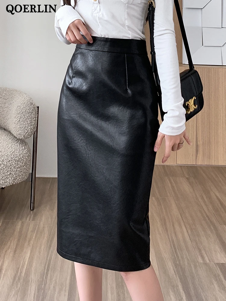 QOERLIN-Jupe crayon fendue en cuir PU noir pour femme, taille haute, longueur aux genoux, fermeture éclair au dos