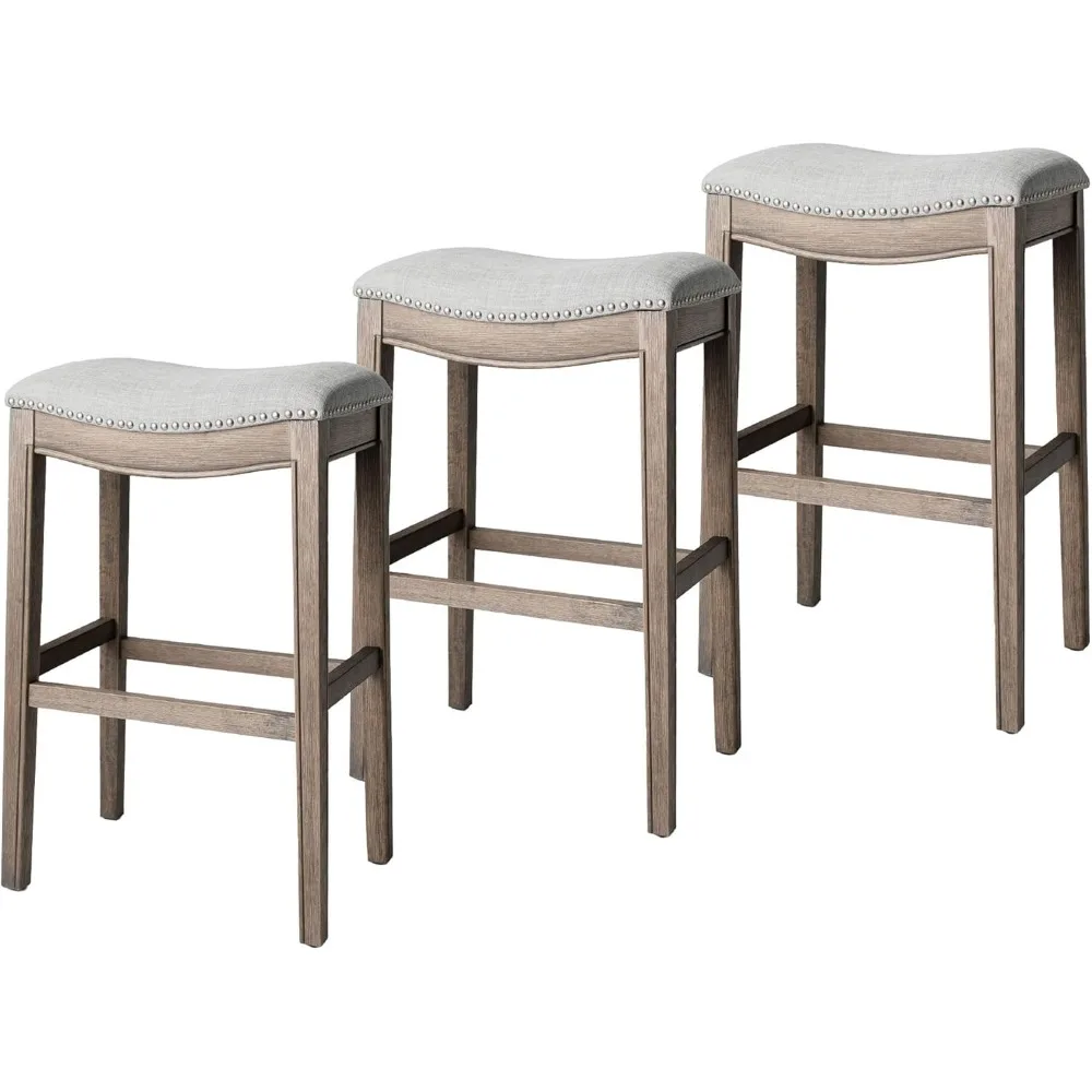 

31 Inch Bar Height Upholstered Backless Saddle Barstool in Reclaimed Oak Finish with Ash Grey Fabric Cushion Seat, Chair