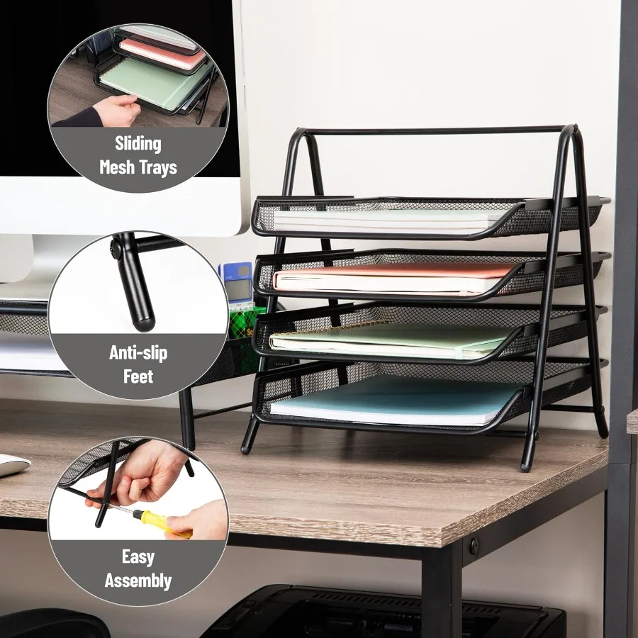 4-Tier Metal Mesh Desktop Organizer with Paper Tray for Office and Workspace File Storage 12L x 13.75W x 12.5H Black Efficient