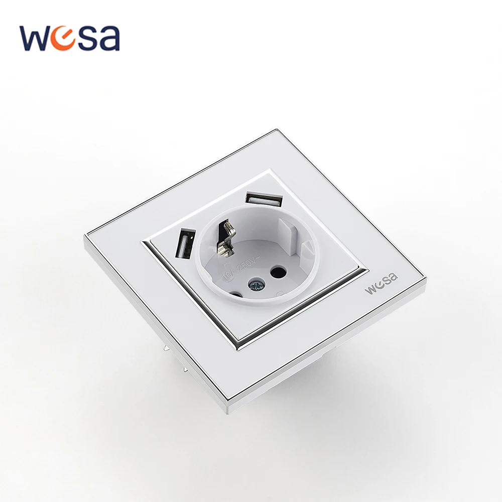 White USB Power Sockets Classic Wall Socket Electrical Outlets With Ground Acrylic Panel 250V EU Standard Flame Retardant Socket