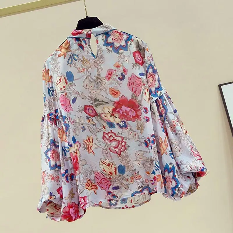 Spring Autumn Chiffon Pullover Vintage Floral Printing Lantern Long Sleeve Patchwork Crew Neck Loose Single Button Women Tops