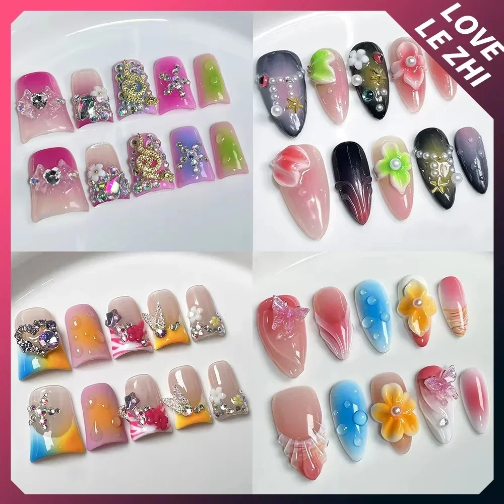 

10Pcs Short Almond Duckbill Handmade Press On Nail 3D Flower Series Bow Flash Diamond Spice Girls Artificial Wearable Nail Tips