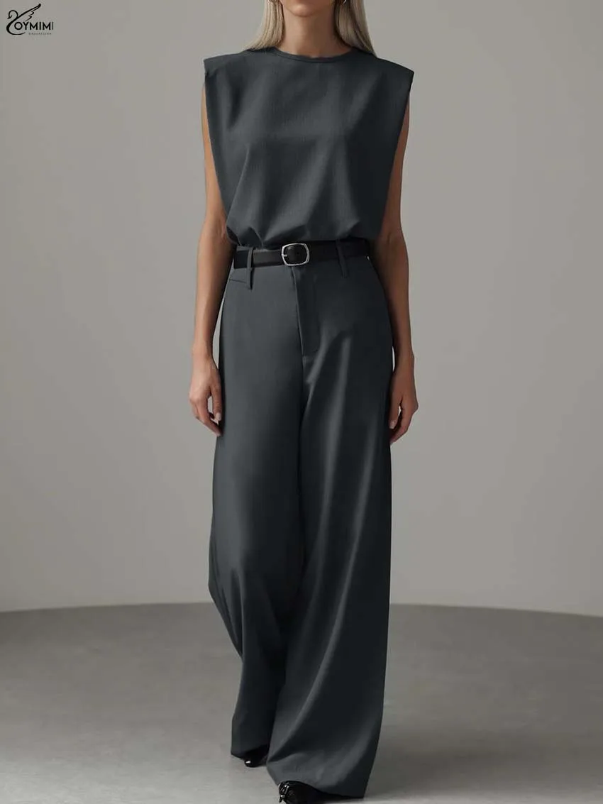 

Oymimi Elegant Grey 2 Piece Sets Woman Outfit Fashion O-Neck Sleeveless Simple Tops And High Waist Straight Trousers Female Sets