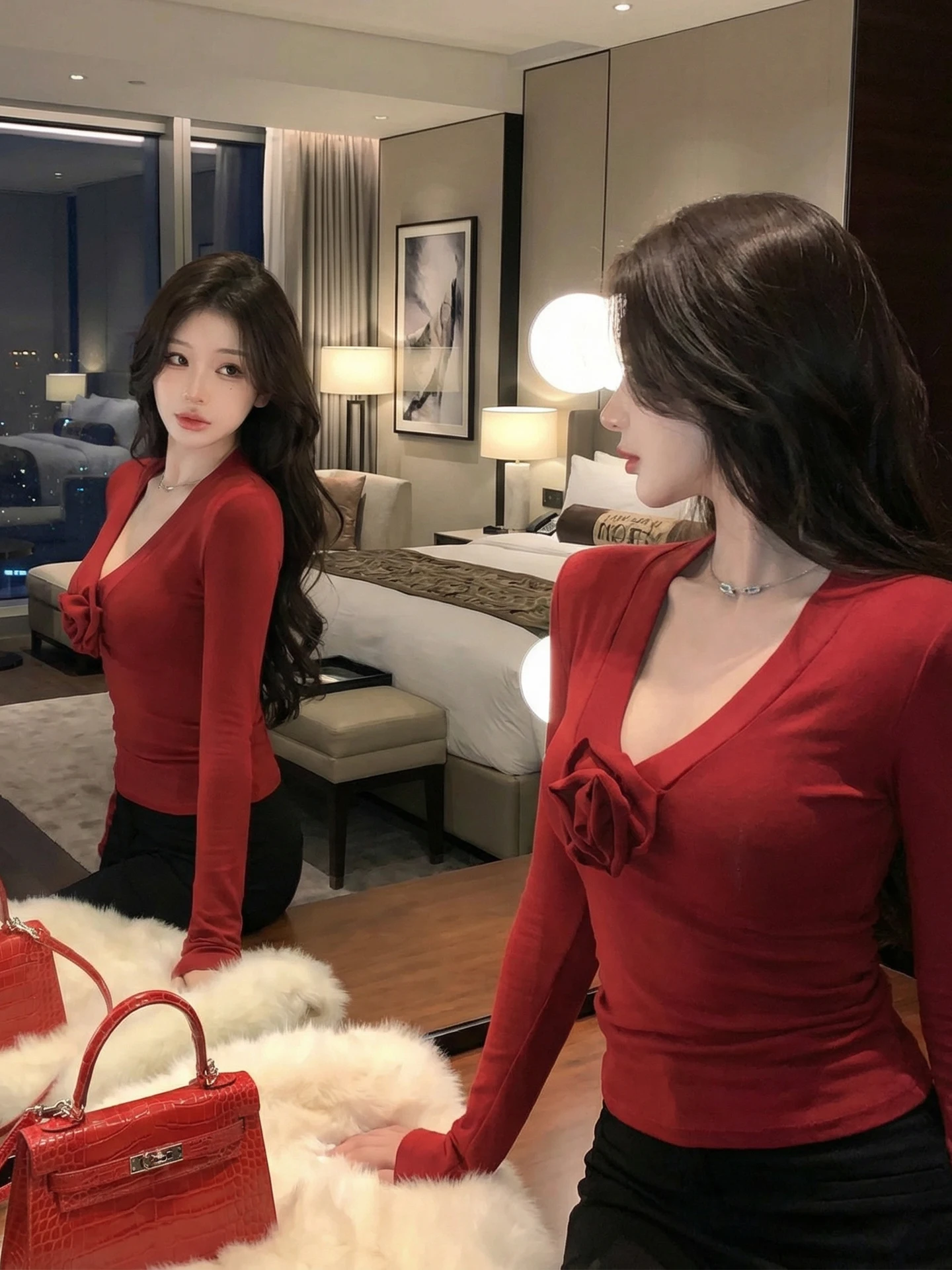 

Red 3D Flower Deep V-ne Long Sve Slim Fit Women's T-irt Spring Autumn Design Sense Base irt Slimming Top