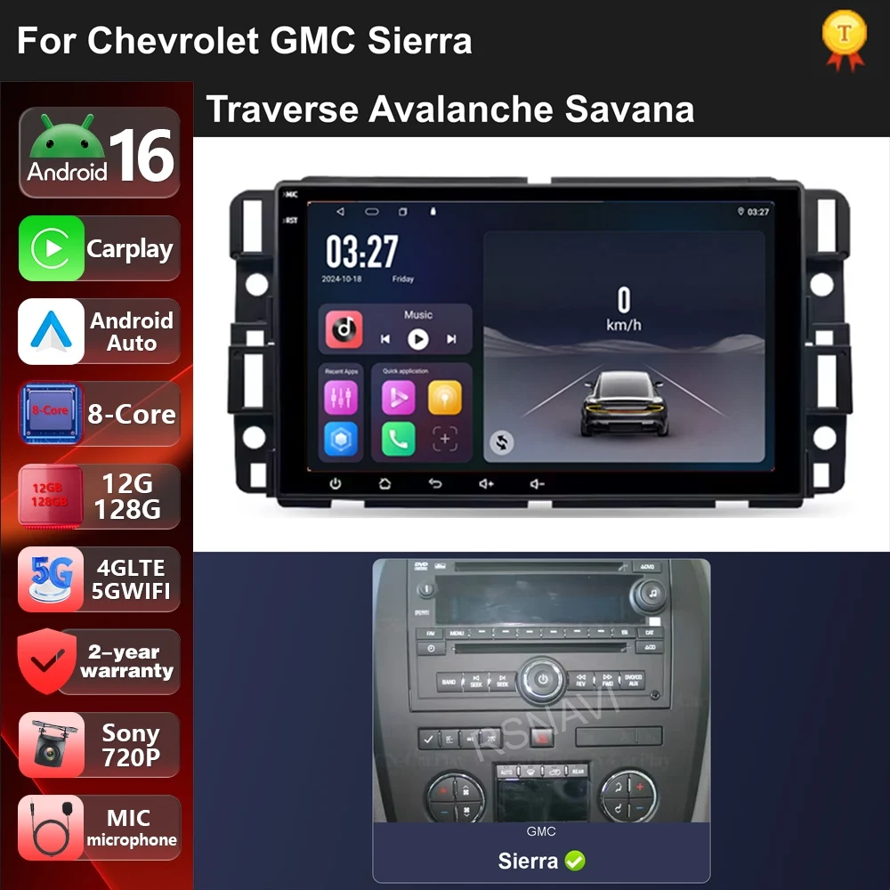 Android 16 Car Radio Carplay For Chevrolet GMC Sierra Traverse Avalanche Savana 2007-2014 AUTO DSP 4G Wifi  Video GPS Navigation