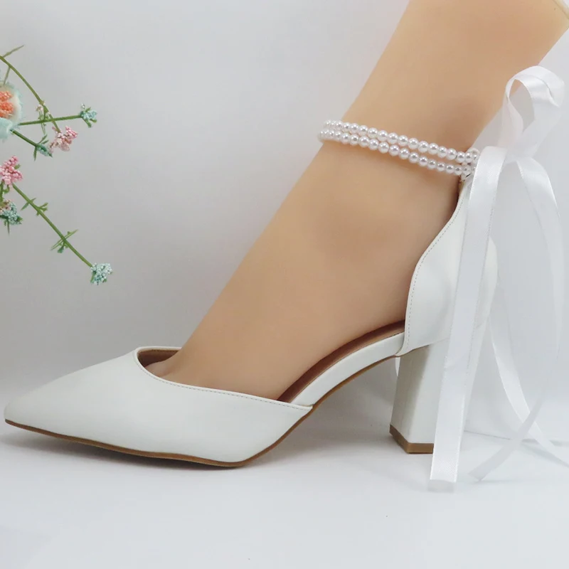 2024 Women's  White Pearl Wedding Shoes Bridal Women's High Ankle Lace up Shoes Fashion Pointed Party Dress Shoes Lace u