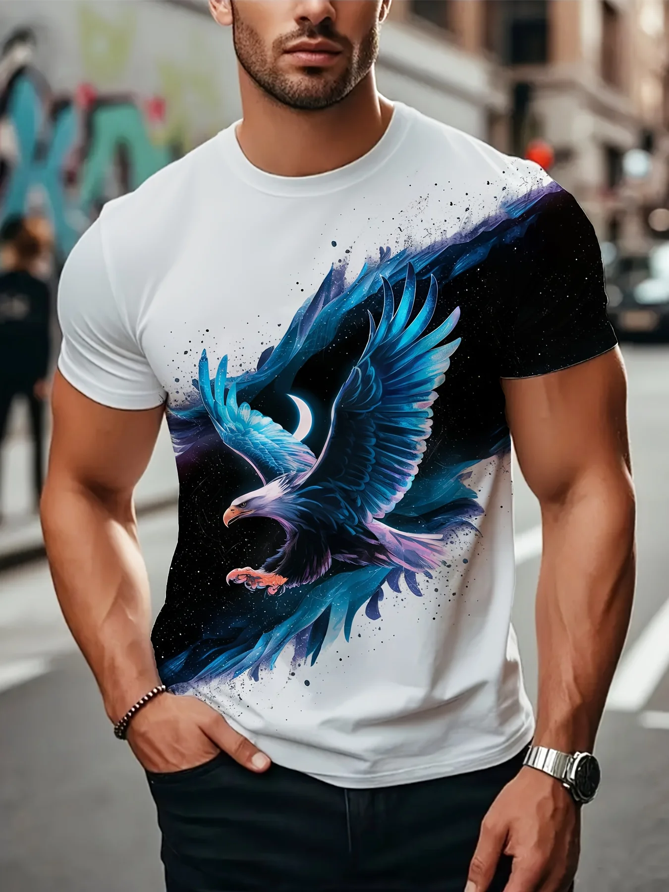 Men Short Sleeve T‑Shirt Galaxy Flying Eagle Crescent Moon Splash Art Crew Neck Casual Tops