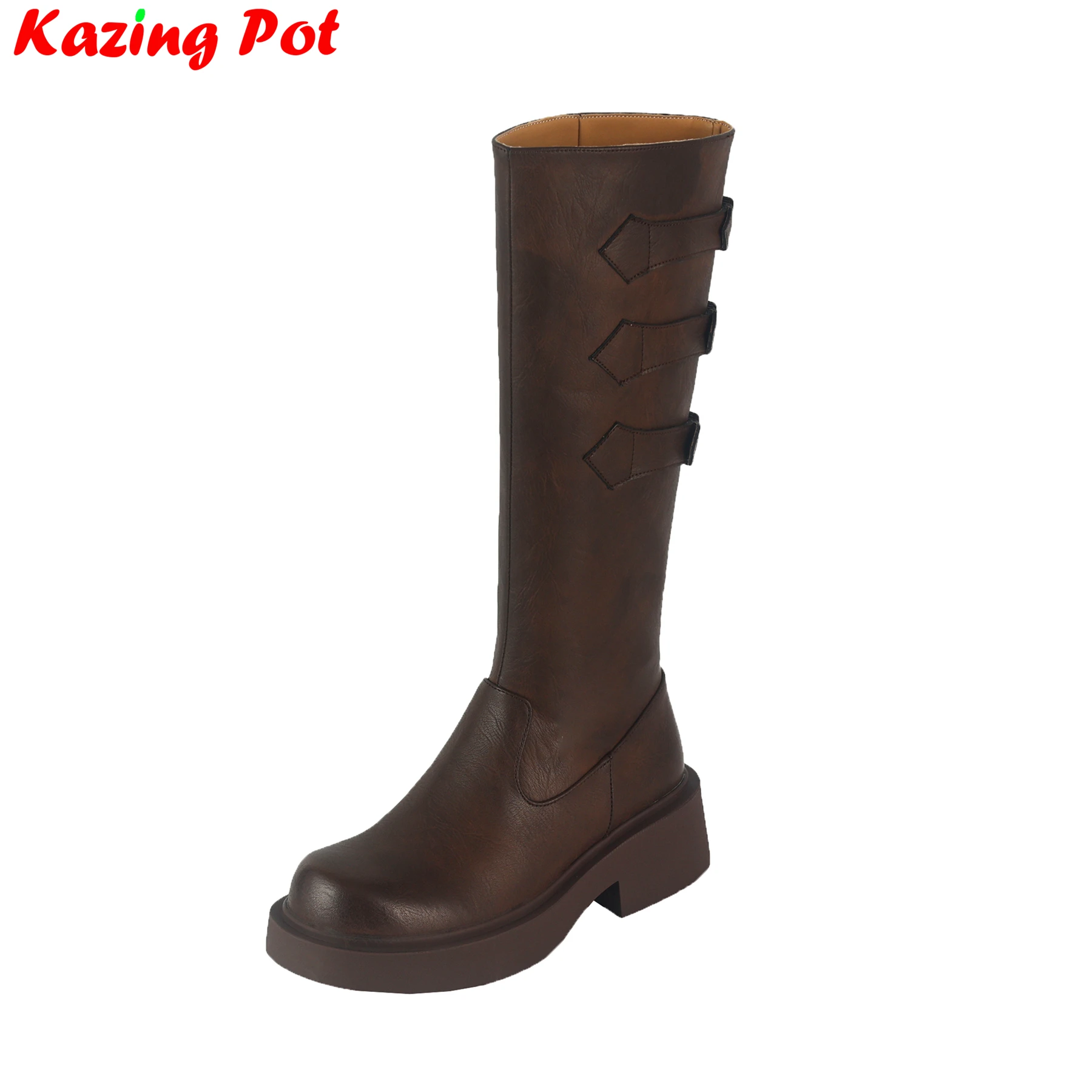 

Krazing Pot Cow Leather Fashion Vintage Winter Western Long Boots Platform Luxury Concise Med Heels Dating Women Mid-calf Boots