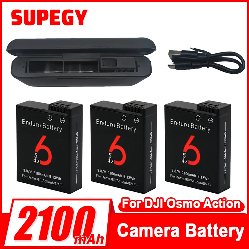 2100mAh Battery For DJI Osmo Action 6 Action 5 Pro/4 Camera Battery and 3 Slots Charger for DJI Action 6/5/4/3 Accessories