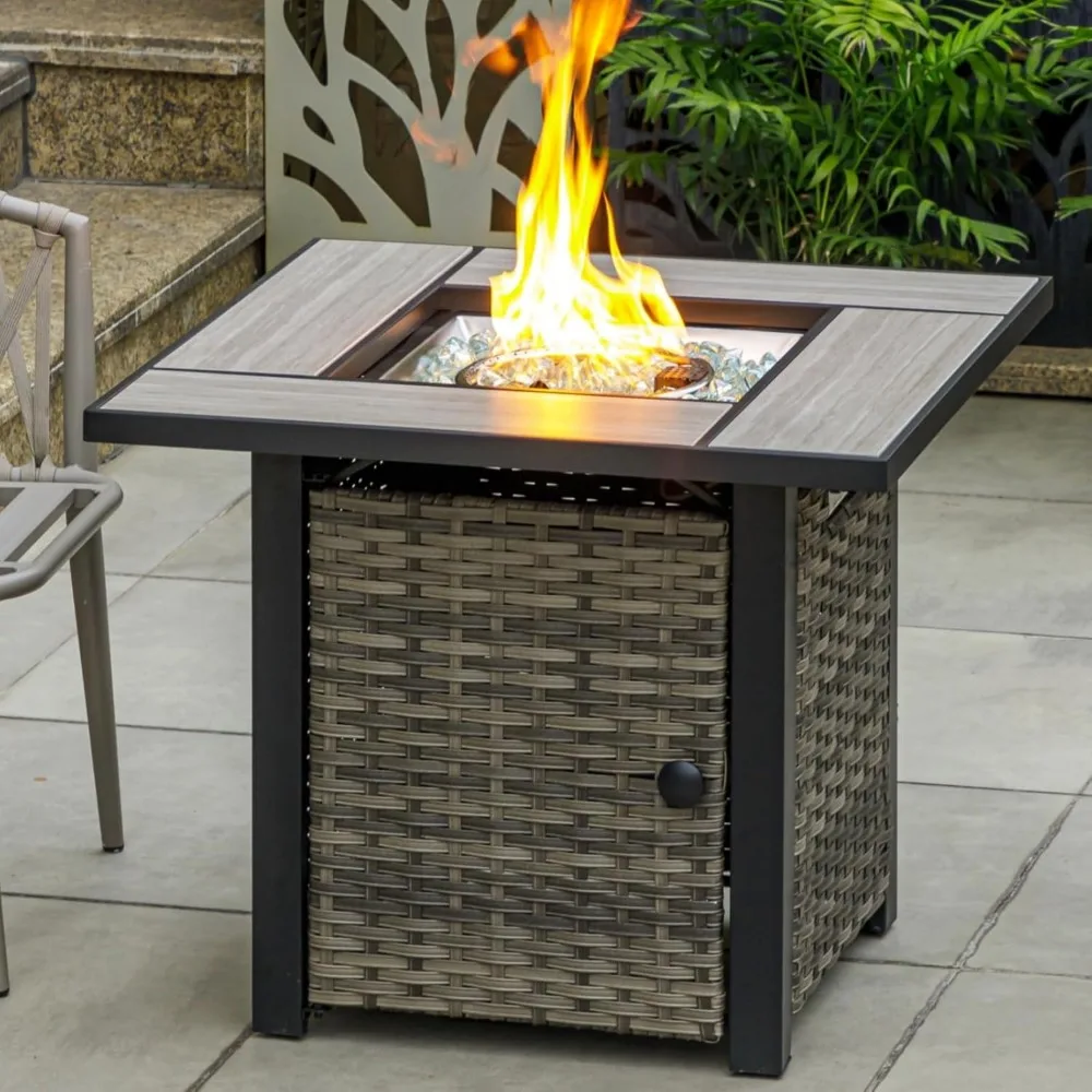 

Propane Fire Pit Table with Real Ceramic Tabletop & Ratten Side Panel, 50000 BTU Gas Firepit Table with Lid & Glass Rock