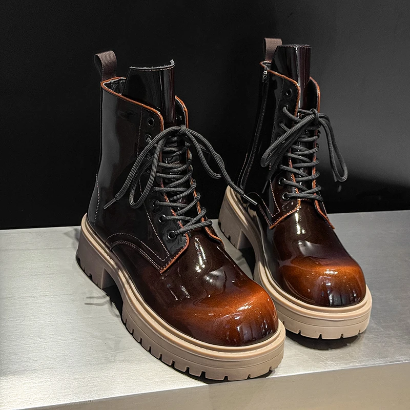 Personalized Men Autumn  Winter Thick Soled High Top Boots with Luxurious Feel Youthful Trend Gradient Color Motorcycle Boots