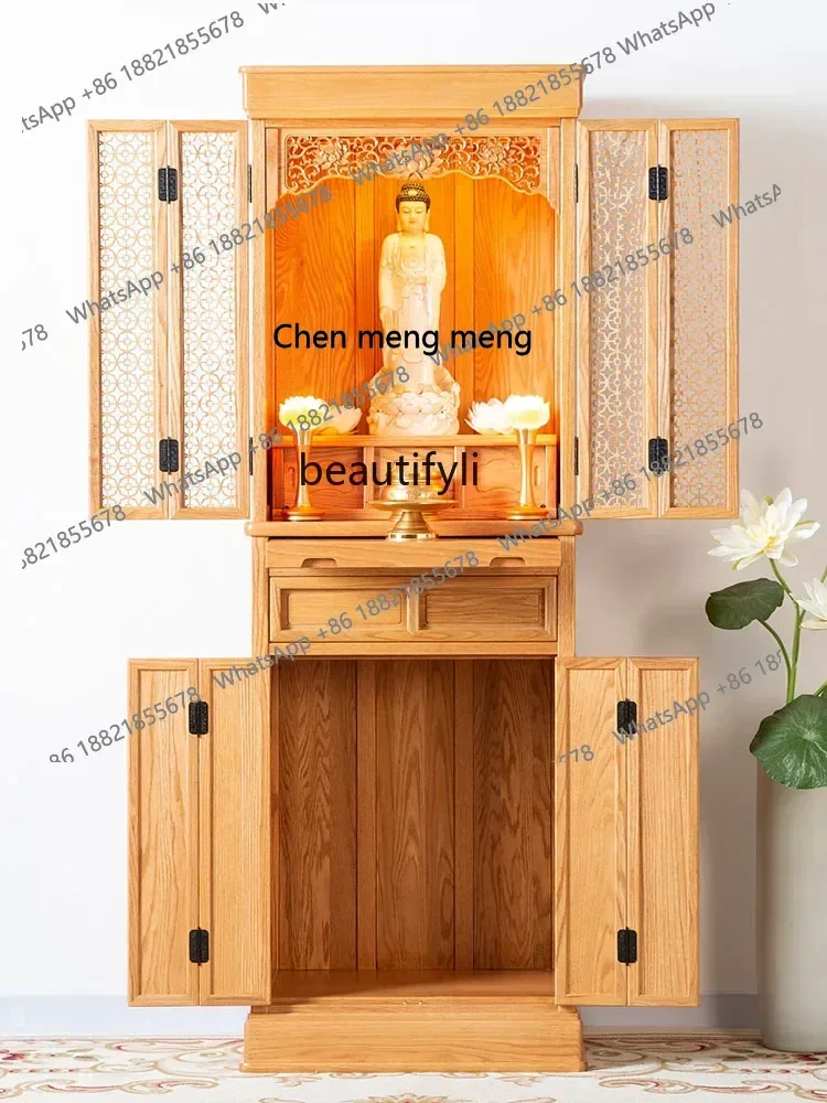 z183  Red Oak Solid Wood Buddha Shrine Altar Modern Household Shrine Clothes Closet with Door Fortune Buddha Cabinet
