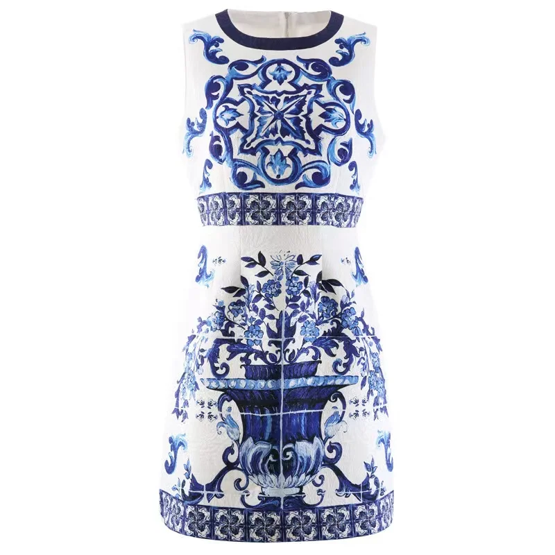 Vestido corto de verano de pasarela para mujer, cuello redondo, sin mangas, amarillo, azul y blanco, estampado de flores de porcelana, vacaciones,