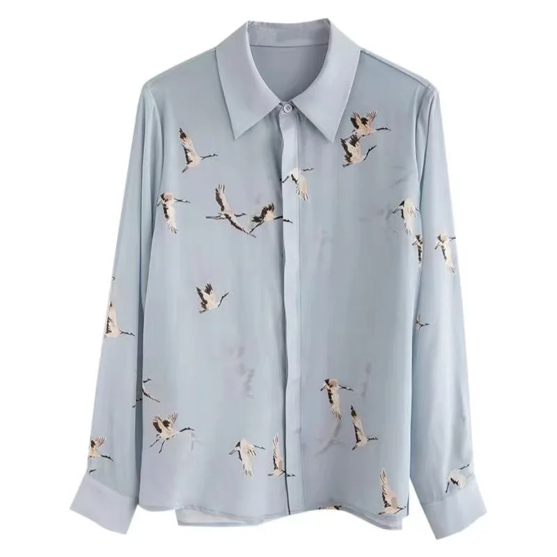 Light Blue Crane Print Blouse Women Summer Long Sleeve Loose Top Shirt Camisas