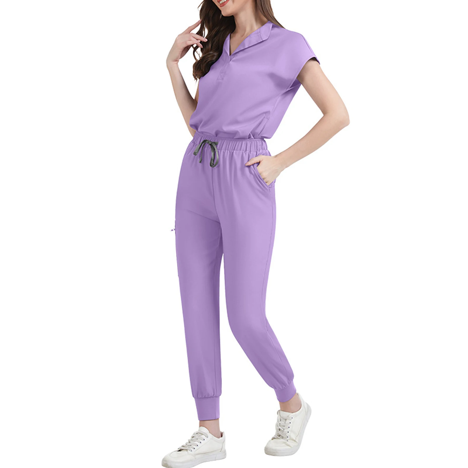 

Women's Nurse Scrub Set Stand Collar Sleeveless Multi-Color Drawstring Pants Multi-Pocket Medical Uniform Healthcare Workwear