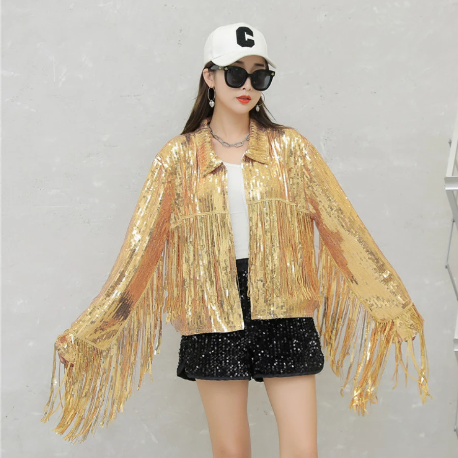 Female Jackets Stage Costume Reflective Tassel Sequin Blazer Outwear Tops Retro Long-sleeved Coat Streewear Solid Outer Wear