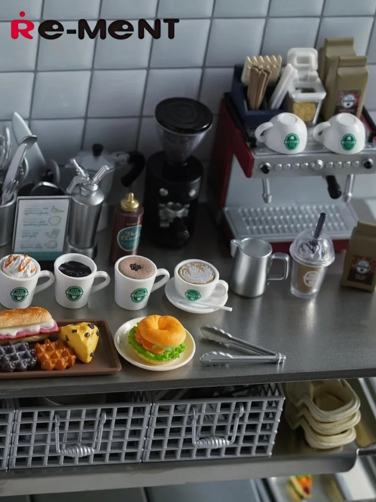 Original re-ment figura estilo pequeno café caixa cega cena em miniatura doces brinquedo talheres ornamento coleção crianças presente