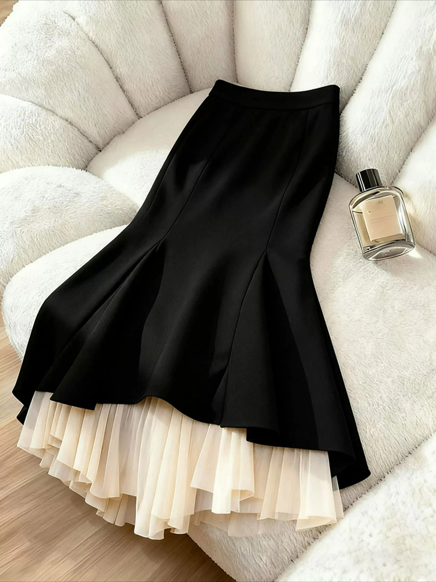 Lack Midi Skirt For Women 2026 New Two-piece Splicing Irregular Wave Fish Tail Skirts