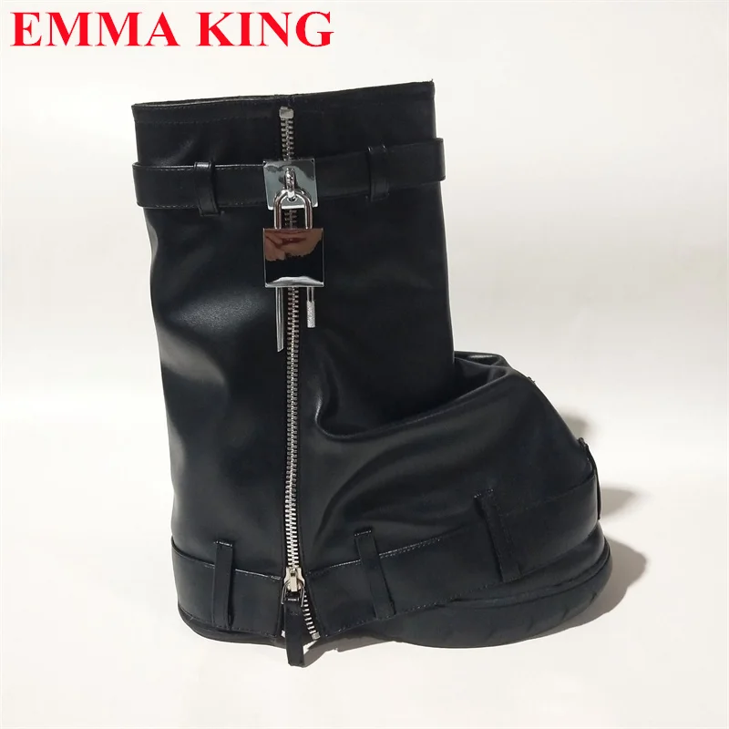 Women's New Ankle Boots Shark Lock Thick Soled High-heeled Boots Designer Luxury Brand Women's Round Toe Wedges Belt Short Boots