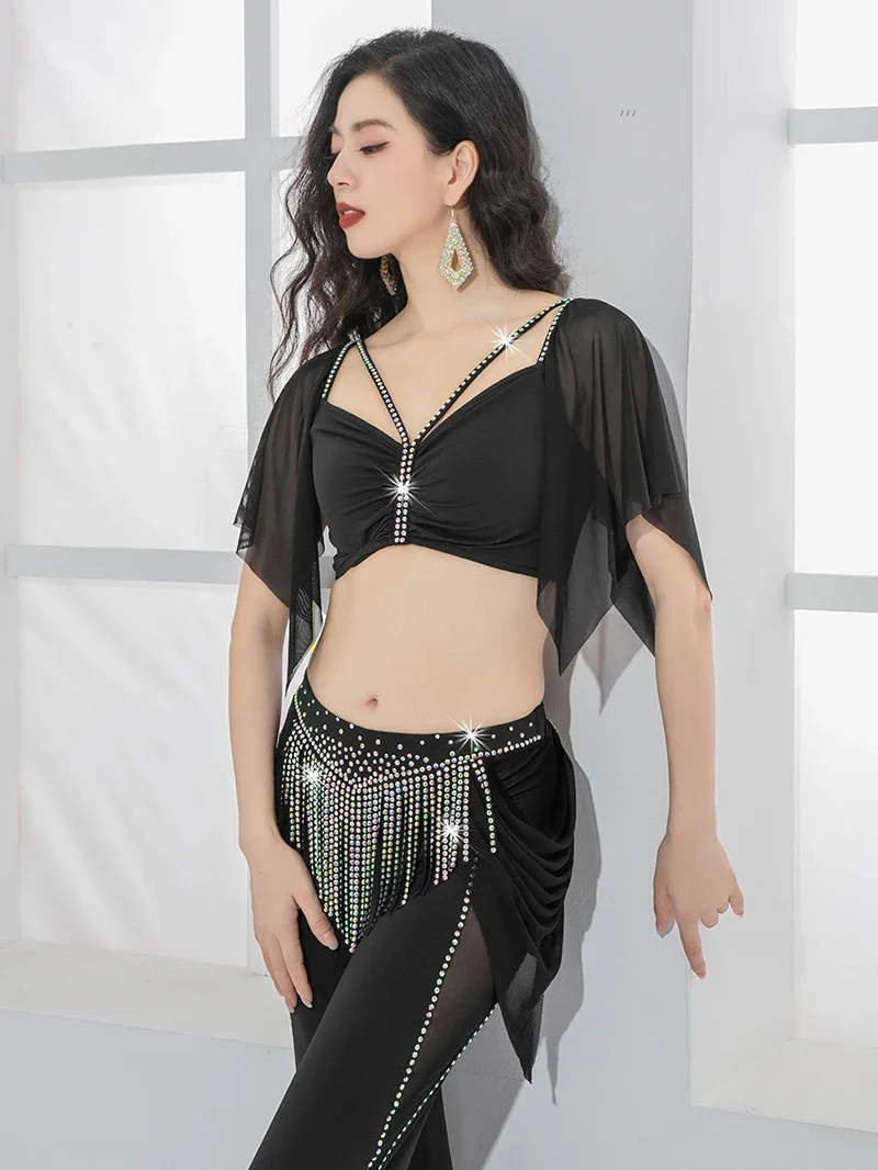 Women Belly Dance Costume with X-shaped Mesh Patchwork Slim Flared Pants Hot Diamond Tassel Luxury Practice Performance Outfit