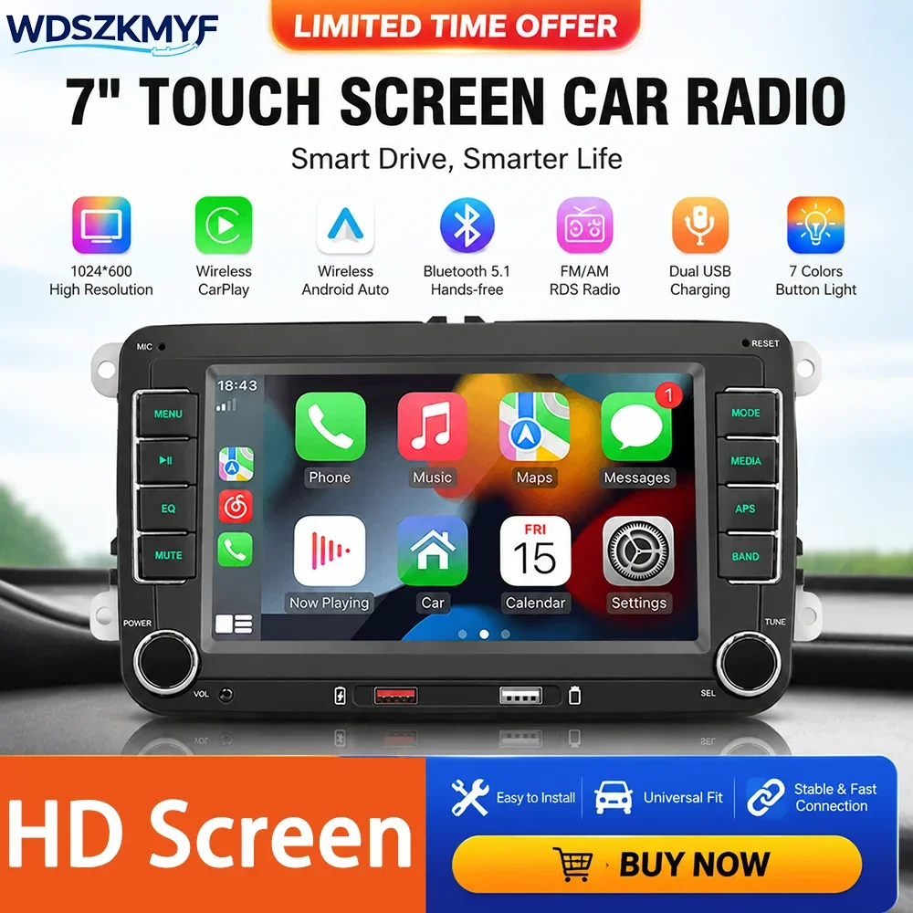 Image of 7-Zoll Auto-Multimedia-Player Radio Kabelloses CarPlay Android Auto FM RDS 2-Din-Player Autoradio für VW Golf MK5 MK6 Polo Passat