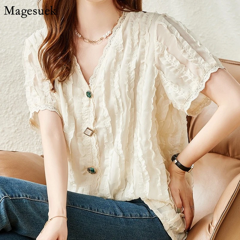 

Chic Lace Short Sleeve Chiffon Shirt Women Summer 2022 Loose Button Shirts V Neck Office Lady Tops Oversize Blouse Fashion 21700