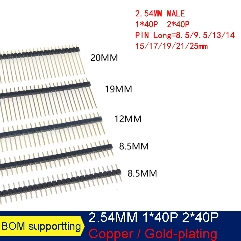 10PCS 2.54mm Single Row Male Connector PCB Board Pin Header Long 8.5/9.5/13/14/15/17/19/21/25mm 1X40P 2*40 PIN  Strip Pinheader