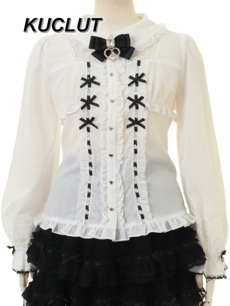 

Lolita Shirts 2025 New Love Pendant Bow Lace Ladies Tops Sweet Cute Long-sleeved Shirt Spring Autumn Women Blouses Fashion