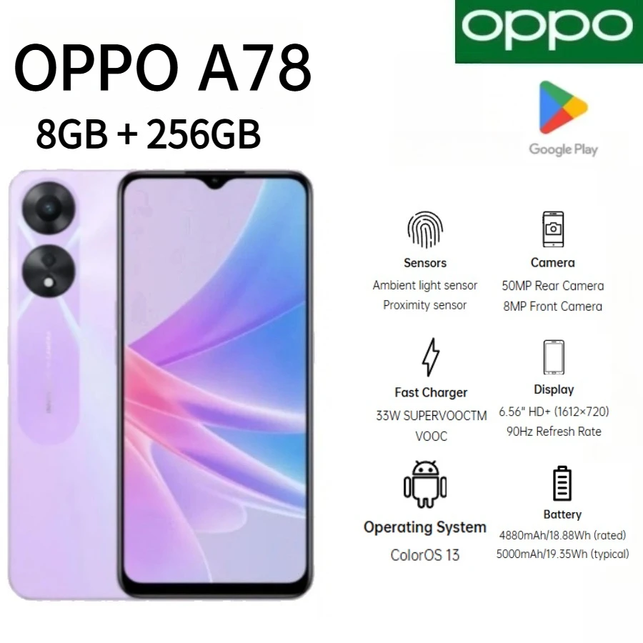 2026 New Global Version OPPO A78 Factory Dual SIM Android Mobile Phone 6.5 Inch HD High Definition Display 50MP Clear Camera