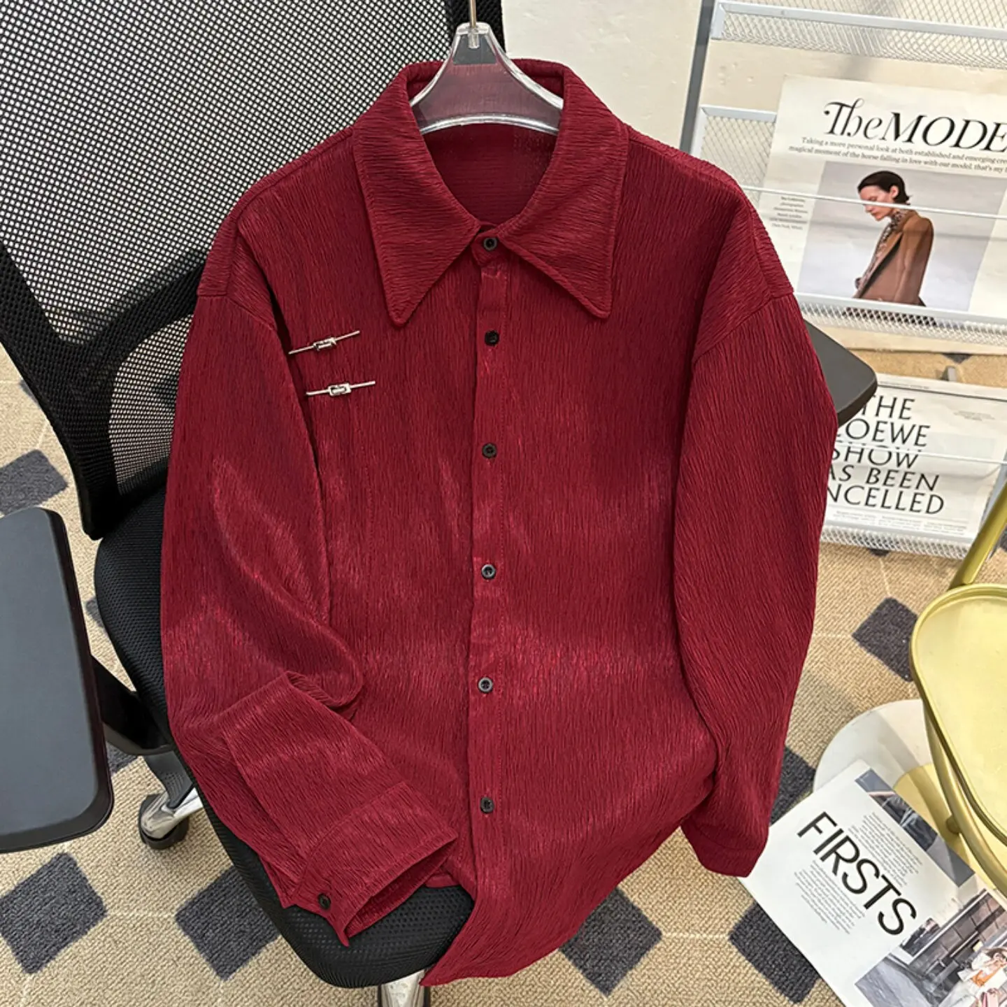 Men's Metal Button Design Textured Shirt Autumn New Casual Fashion High Street Solid Color Male Loose Long Sleeved Shirts