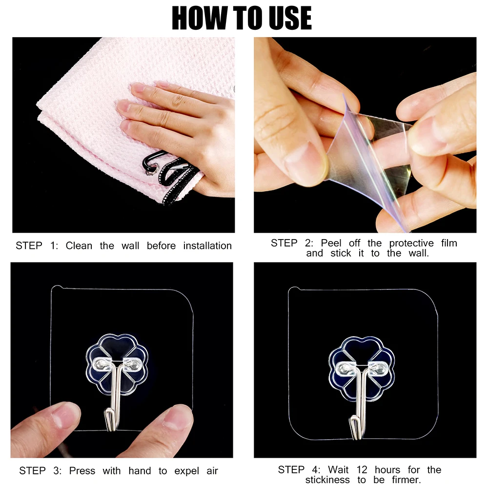 10PCS Transparent Stainless Steel Strong Self Adhesive Hooks Key Storage Hanger for Kitchen Bathroom Door Wall Multi-Function