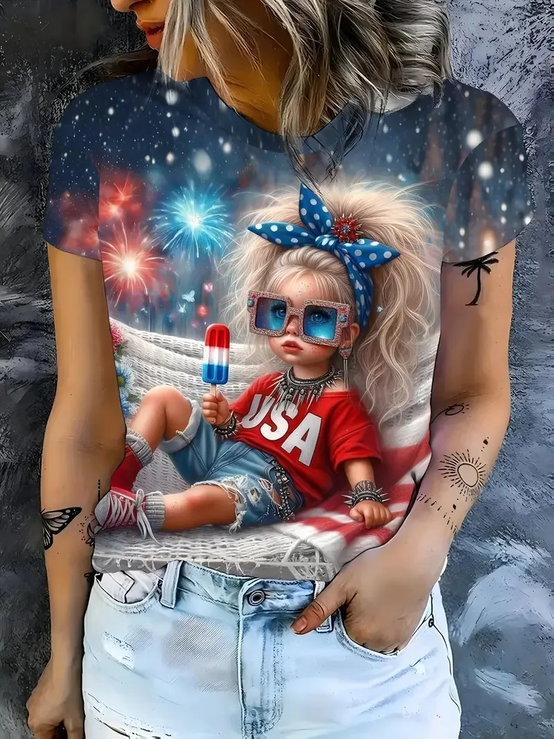 

American girl wearing sunglasses cute child holding popsicle print women's T-shirt fashion casual holiday street women clothing