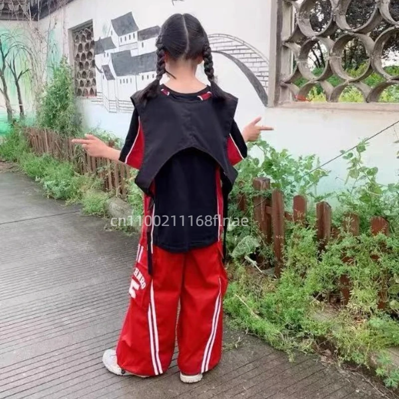 Traje de performance de dança de rua hip-hop infantil, conjunto de colete de hip-hop para meninos, trajes de performance de dança de jazz vermelho e preto